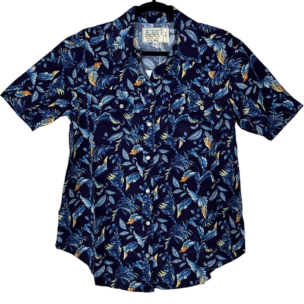 Sandrine Rose Leaf Print Button Up S/S Shirt Navy Women Small NWT Made in USA